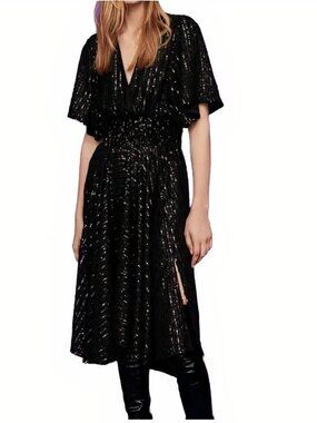 MAJE Sequins Cinched Waist Black V-Neck Midi Dress Size 1
